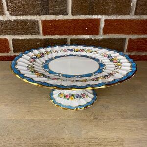 Vintage Crown Staffordshire England Footed Pedestal Lyric Tunis Blue Cake Plate